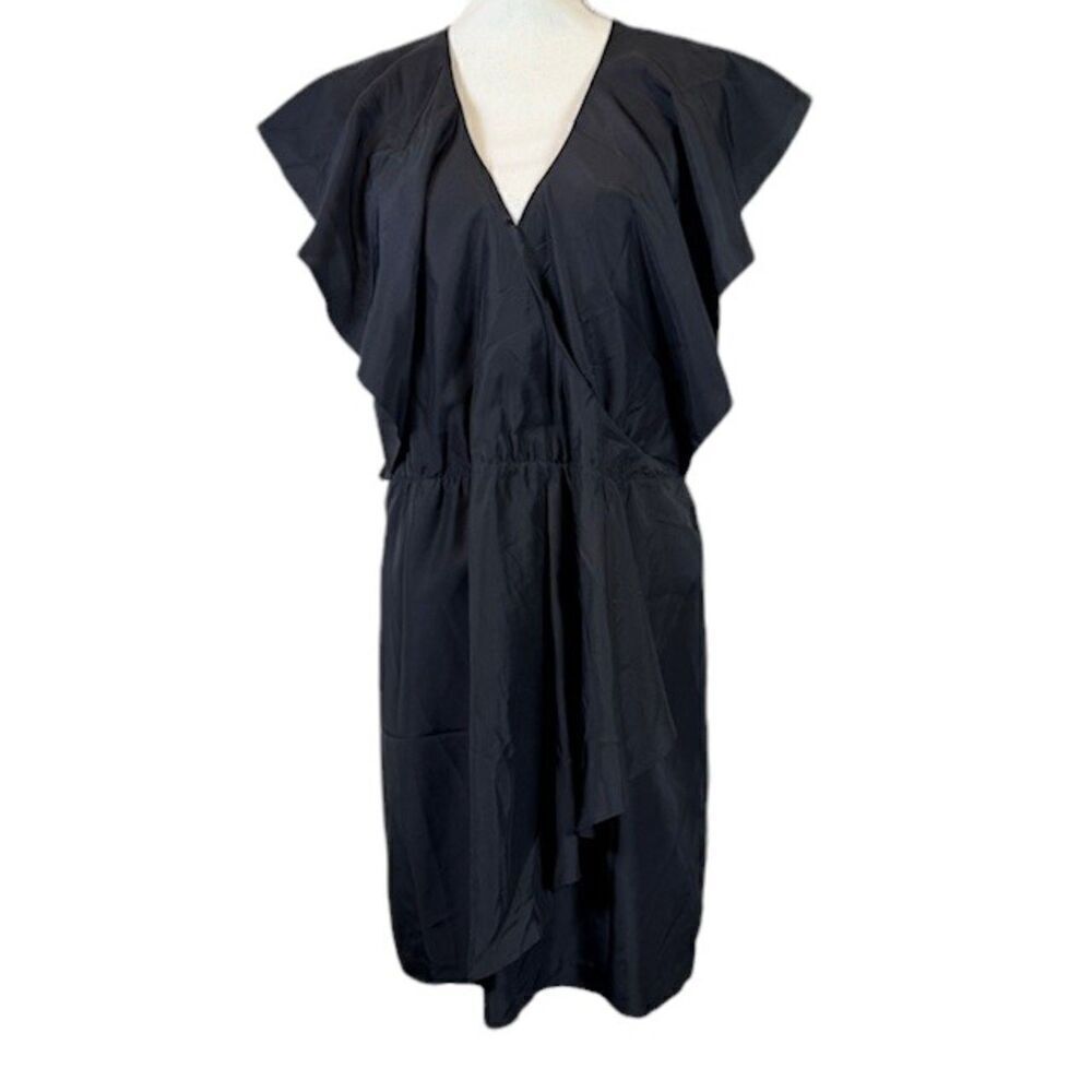 Halston Heritage Silk Ruffle Top Wrap Look Mini Black Dress V-Neck Size 8